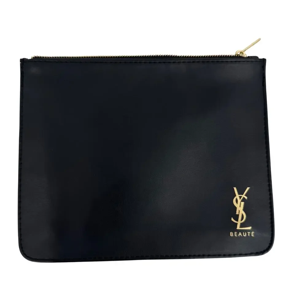 YSL Beaute make up cosmetic bag pouch logo vegan leather zipper black gold